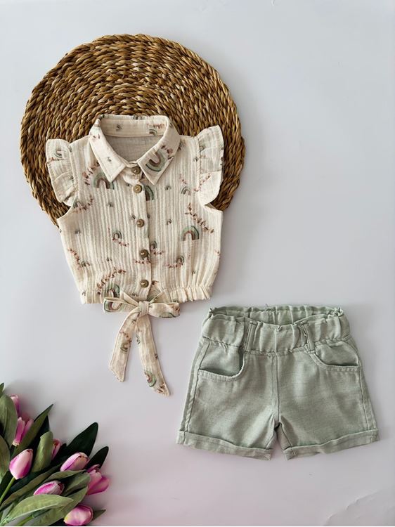 Miniğimin Cicileri Müslin Bel Bağlama Detaylı Şortlu Kız Çocuk Takım - Yeşil