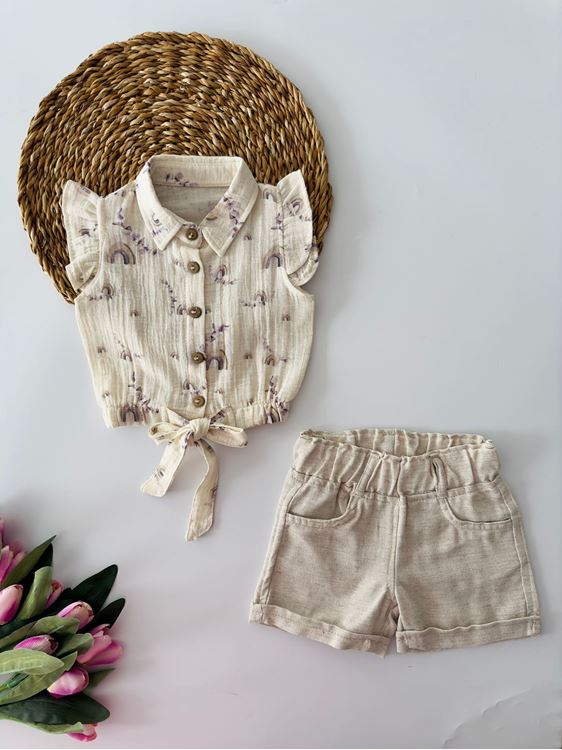 Miniğimin Cicileri Müslin Bel Bağlama Detaylı Şortlu Kız Çocuk Takım - Bej