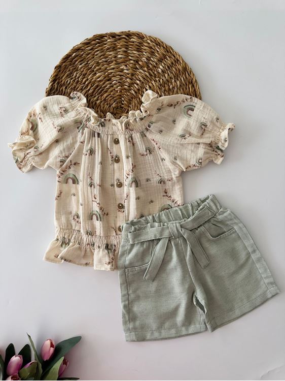 Miniğimin Cicileri Karpuz kol Kayık Yaka Şortlu Müslin Takım - Yeşil