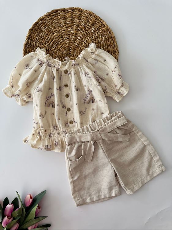 Miniğimin Cicileri Karpuz kol Kayık Yaka Şortlu Müslin Takım - MorTaş