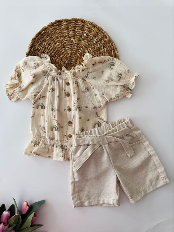 Miniğimin Cicileri Karpuz kol Kayık Yaka Şortlu Müslin Takım - YeşilTaş