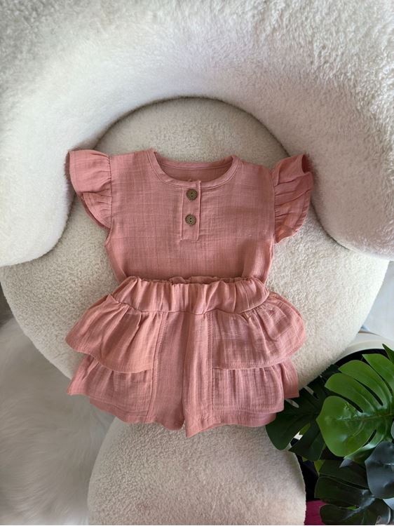 Miniğimin Cicileri Bebek Pamuklu Fırfırlı Şortlu Kız Çocuk Takım - Gül Kurusu