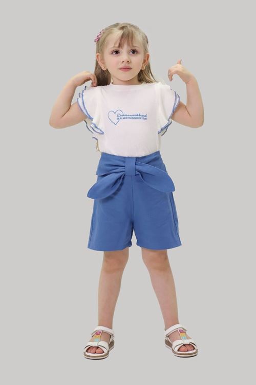 Miniğimin Cicileri Kalp Nakış Volan Kol Detaylı 2 li Şortlu takım - Mavi