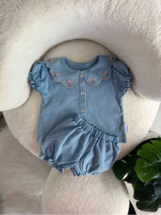 Miniğimin Cicileri Yaka Çiçek Detaylı Bebek Yumuşak Kot Takım - Mavi