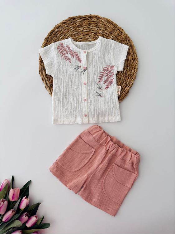 Miniğimin Cicileri Yeşil Kız Bebek Dal Nakışlı Müslin Kumaş Şortlu Takım - Gül Kurusu