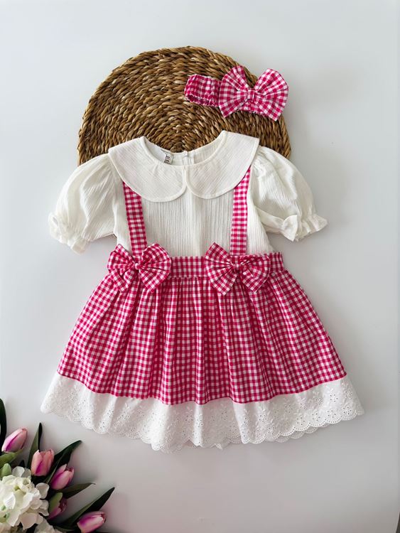 Miniğimin Cicileri Pötikare Fistolu Pamuk Kız Çocuk Elbise - Fuşya