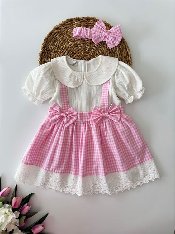 Miniğimin Cicileri Pötikare Fistolu Pamuk Kız Çocuk Elbise - Pembe