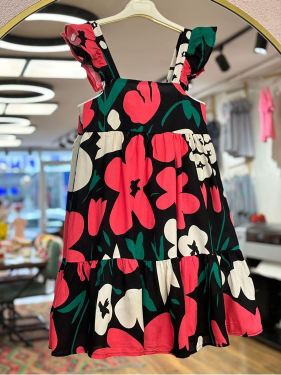 Miniğimin Cicileri Pamuk Dokuma Askılı Kız Çocuk Çiçek Desenli Elbise - Kırmızı