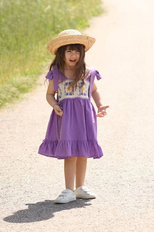 Miniğimin Cicileri Askılı Pamuk Dokuma Örgü Detaylı Elbise - Mor