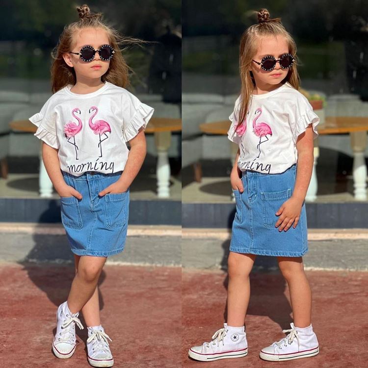 Miniğimin Cicileri Flamingo Baskılı Süprem Kot Etekli Kız Çocuk Takım - Ekru