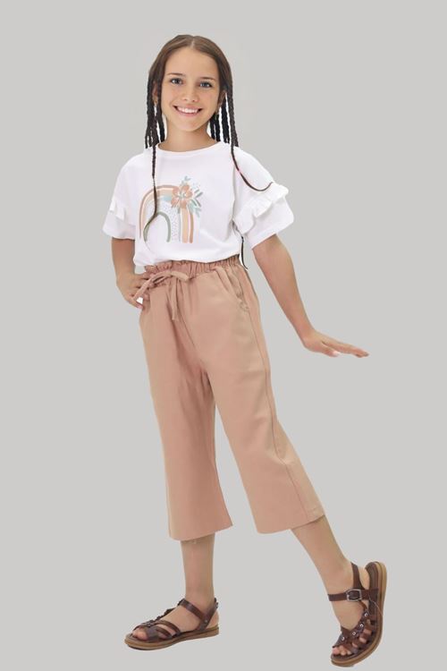 Miniğimin Cicileri Kapri Çiçekli Gabardin Pantolonlu Kız Çocuk Takım - Gül Kurusu