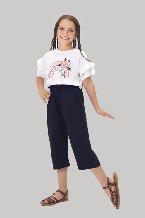 Miniğimin Cicileri Kapri Çiçekli Gabardin Pantolonlu Kız Çocuk Takım - Siyah