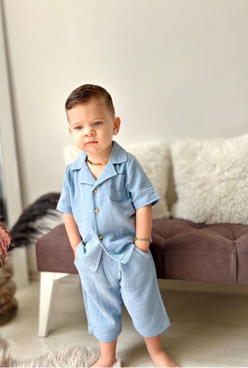 Miniğimin Cicileri Müslin Ceket Yaka Pamuklu Şortlu Erkek Çocuk Takım - Açık Mavi