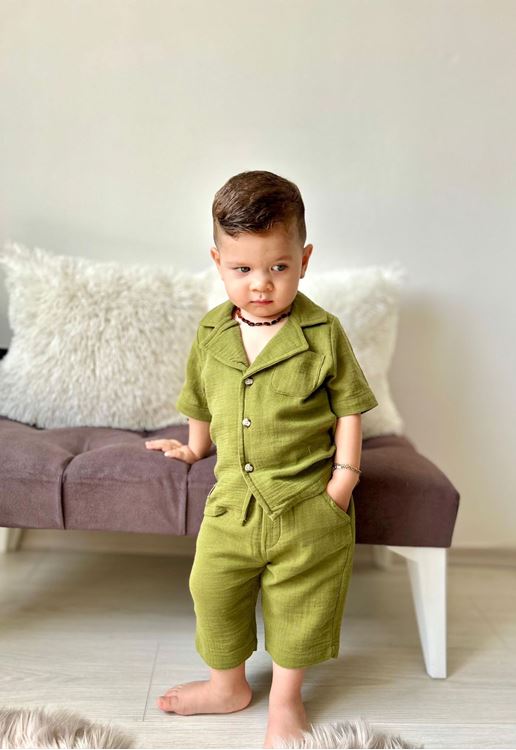 Miniğimin Cicileri Müslin Ceket Yaka Pamuklu Şortlu Erkek Çocuk Takım - Kına Yeşili
