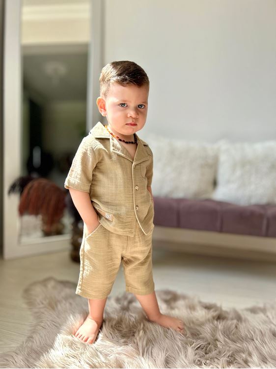 Miniğimin Cicileri Müslin Ceket Yaka Pamuklu Şortlu Erkek Çocuk Takım - Kahve Köpüğü