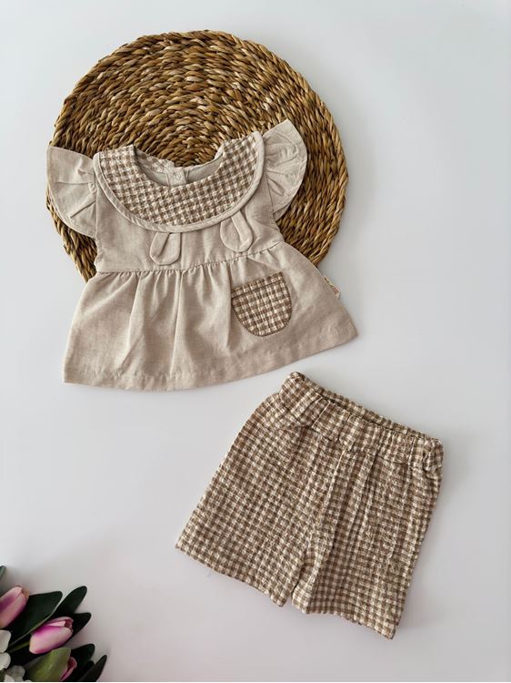 Miniğimin Cicileri Pötikare Şortlu Sevimli Bebek 2 li Takım - Kahverengi