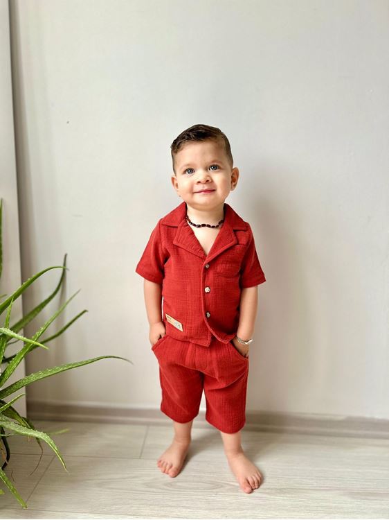Miniğimin Cicileri Müslin Ceket Yaka Pamuklu Şortlu Erkek Çocuk Takım - Bordo