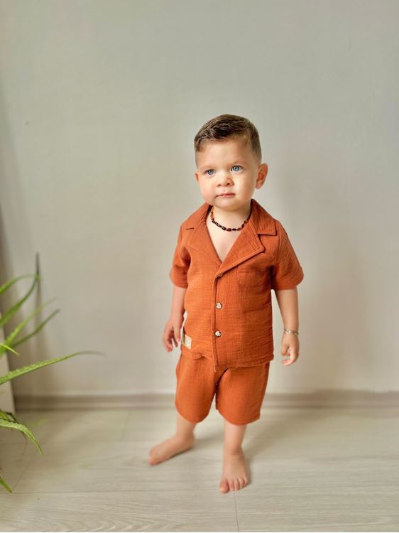 Miniğimin Cicileri Müslin Ceket Yaka Pamuklu Şortlu Erkek Çocuk Takım - Kiremit