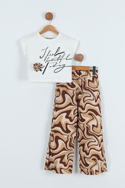 Miniğimin Cicileri Viskon Desenli Pantolonlu 2 li Kız Çocuk Takım - Kahverengi