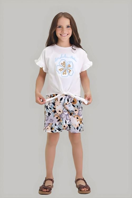 Miniğimin Cicileri Çiçek Nakış Desenli Bağlamalı Şortlu Kız Çocuk Şortlu Takım - Mavi