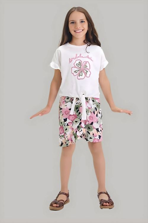 Miniğimin Cicileri Çiçek Nakış Desenli Bağlamalı Şortlu Kız Çocuk Şortlu Takım - Gül Kurusu