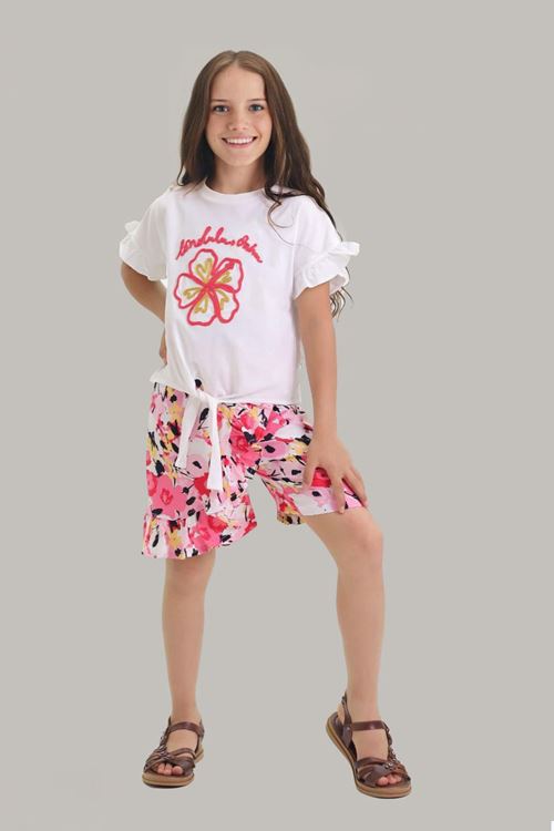 Miniğimin Cicileri Çiçek Nakış Desenli Bağlamalı Şortlu Kız Çocuk Şortlu Takım - Kırmızı