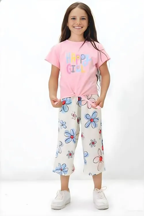 Miniğimin Cicileri Happy Girl Bermuda Papatya Desenli Kız Takım - Pembe