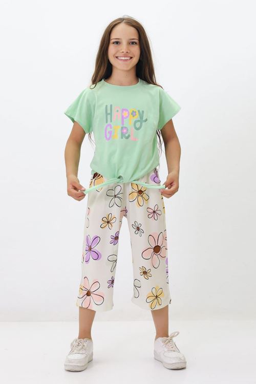 Miniğimin Cicileri Happy Girl Bermuda Papatya Desenli Kız Takım - Yeşil
