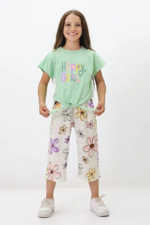 Miniğimin Cicileri Happy Girl Bermuda Papatya Desenli Kız Takım - Yeşil