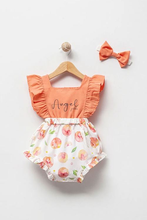 Miniğimin Cicileri Meyve Desenli Bandanalı Romper Tulum - Turuncu