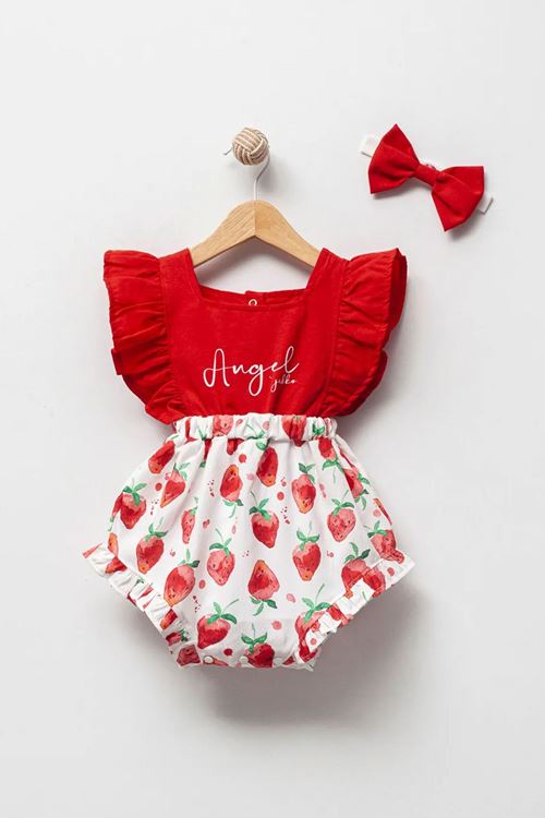 Miniğimin Cicileri Meyve Desenli Bandanalı Romper Tulum - Kırmızı