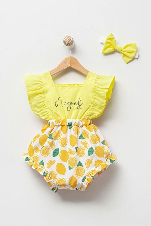 Miniğimin Cicileri Meyve Desenli Bandanalı Romper Tulum - Sarı