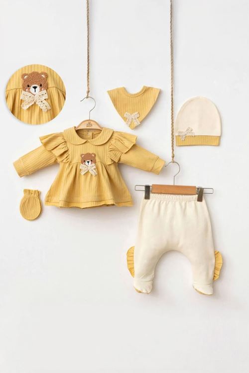 Miniğimin Cicileri Baby Ayıcıklı Fırfırlı Yenidoğan 5 Li Zıbın Seti - Sarı