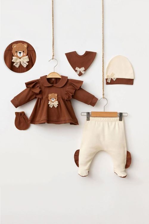 Miniğimin Cicileri Baby Ayıcıklı Fırfırlı Yenidoğan 5 Li Zıbın Seti - Çikolata