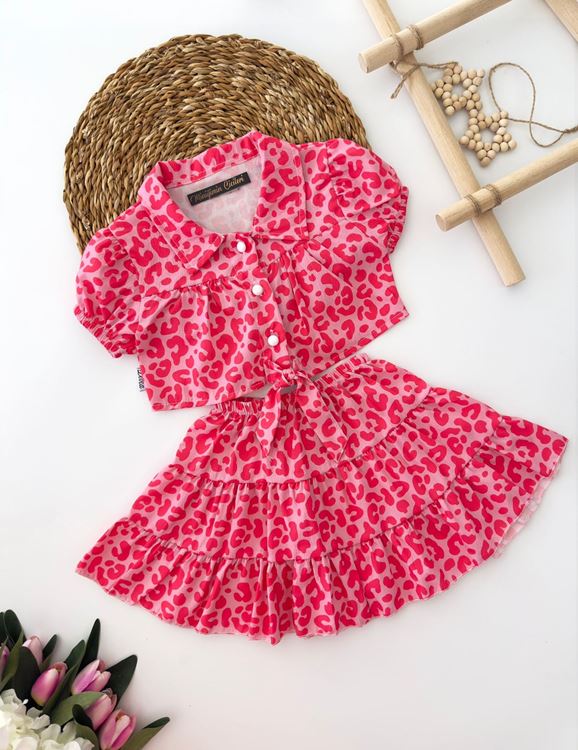 Miniğimin Cicileri Leopar Desenli Bağlamalı Etekli Kız Çocuk Takım - Fuşya