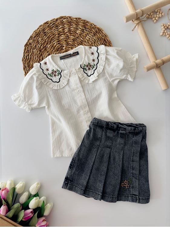 Miniğimin Cicileri Nakış Detaylı Kot Şortetekli Kız Çocuk Şık Takım - Füme