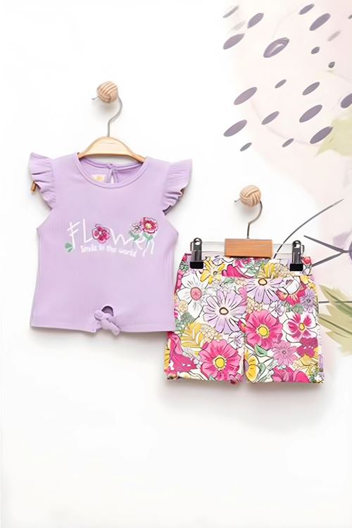 Miniğimin Cicileri Flower Renkli Baskılı Kız Çocuk Şortlu Takım - Lila