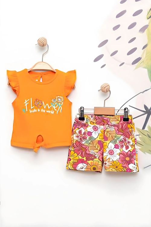 Miniğimin Cicileri Flower Renkli Baskılı Kız Çocuk Şortlu Takım - Turuncu