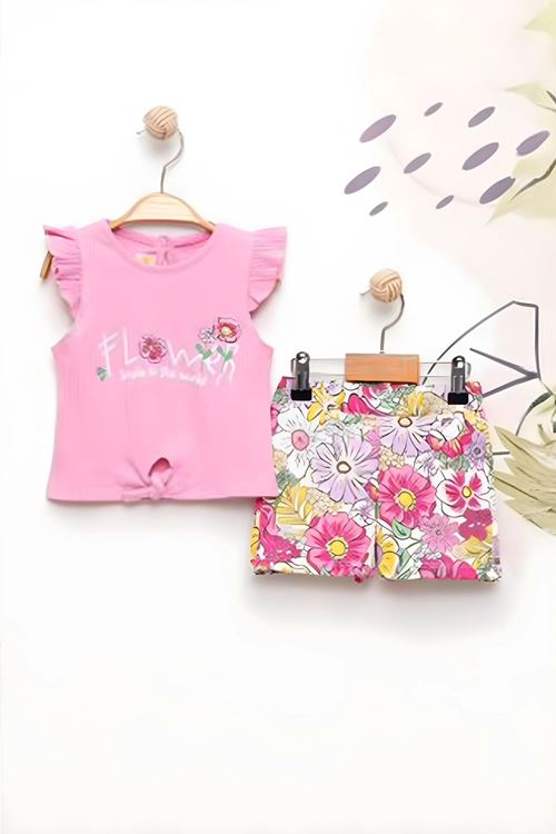 Miniğimin Cicileri Flower Renkli Baskılı Kız Çocuk Şortlu Takım - Pembe