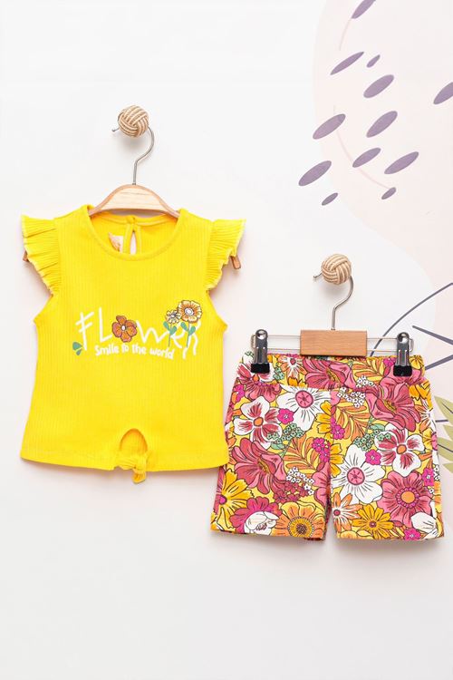 Miniğimin Cicileri Flower Renkli Baskılı Kız Çocuk Şortlu Takım - Sarı