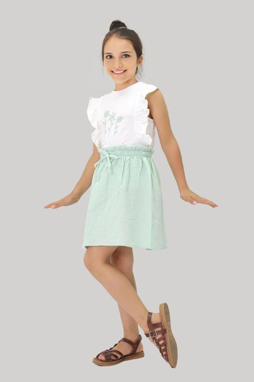 Miniğimin Cicileri Papatya Nakışlı Müslin Etekli Takım - Yeşil