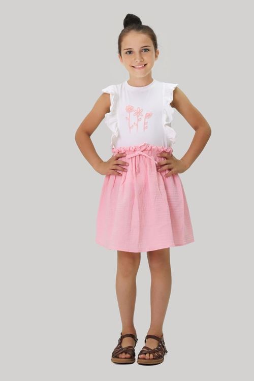 Miniğimin Cicileri Papatya Nakışlı Müslin Etekli Takım - Pembe
