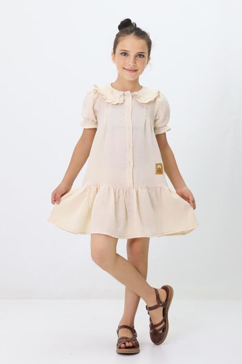Miniğimin Cicileri Yaka Fırfırlı Müslin Kız Çocuk Elbise - Krem