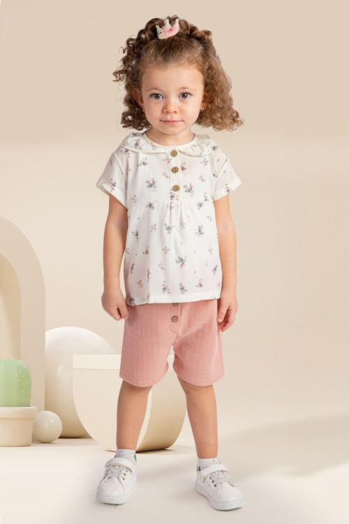 Miniğimin Cicileri Minik Çiçek Desenli Kız Bebek Müslin Takım - Gül Kurusu