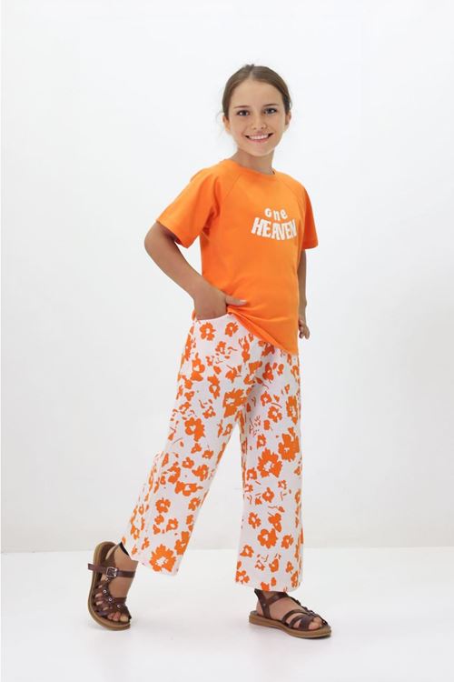 Miniğimin Cicileri One Heaven Baskılı Yazlık Keten Pantolonlu 2 li Takım - Turuncu
