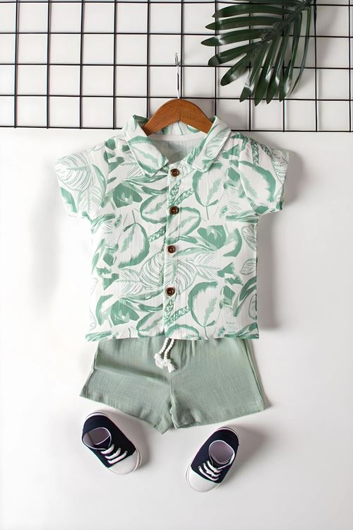 Miniğimin Cicileri Desenli Erkek Bebek Şortlu Müslin 2 li Takım - Açık Yeşil