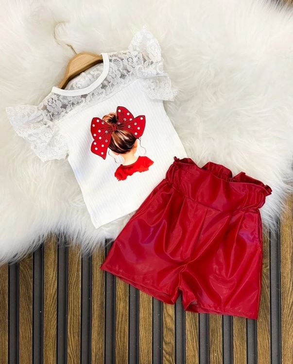 Miniğimin Cicileri Simli Tül Detaylı Deri Şortlu Yazlık Kız Çocuk Takım - Kırmızı