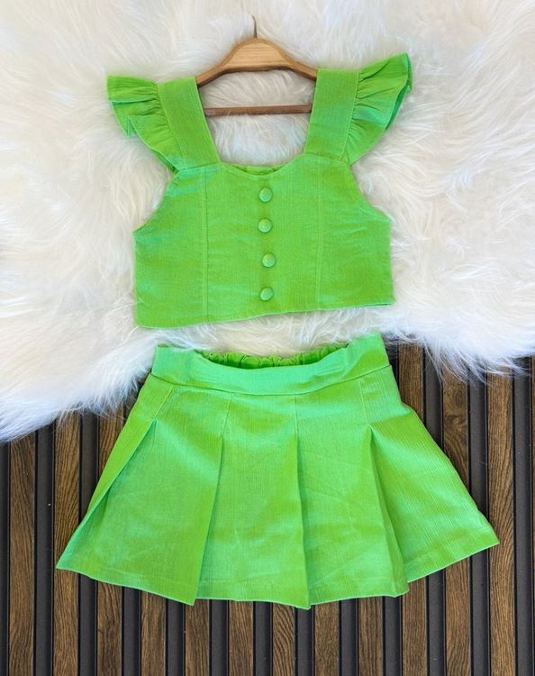 Miniğimin Cicileri Crop Düğmeli Etekli Kız Çocuk 2 li Takım - Yeşil
