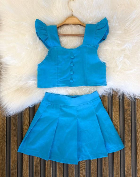 Miniğimin Cicileri Crop Düğmeli Etekli Kız Çocuk 2 li Takım - Mavi