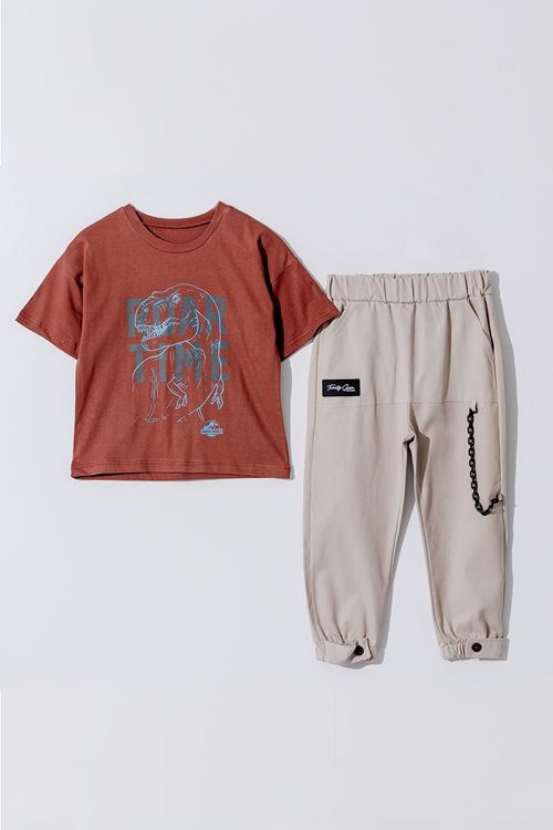 Miniğimin Cicileri Roar Time Zincir Aksesuarlı Cepli Erkek Çocuk Takım - Kiremit